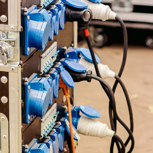 cee connectors and cables on a power distribution box